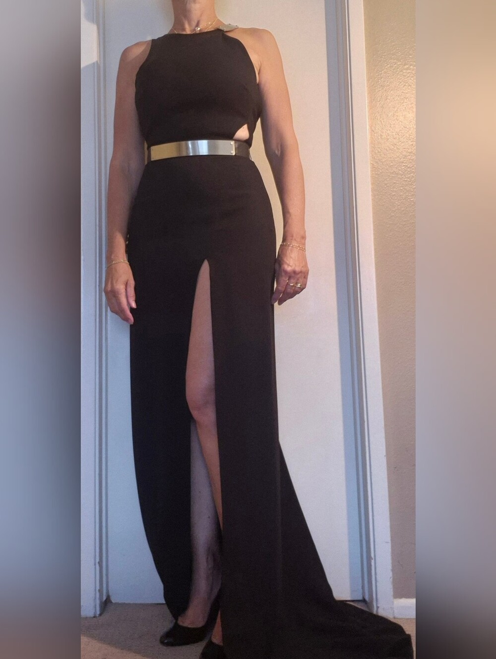 💫Halston Heritage Black Maxi Dress Floor Lenght Metallic Belt – NWT – Size 2💥